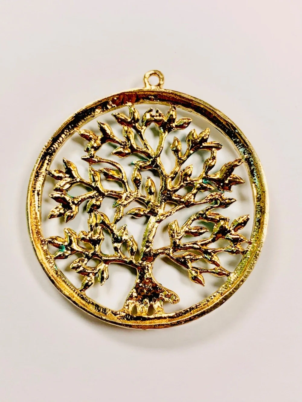 Tree of Life Circular Ornament Pendant Green/Gold Tone Rhinestone Christmas Boho